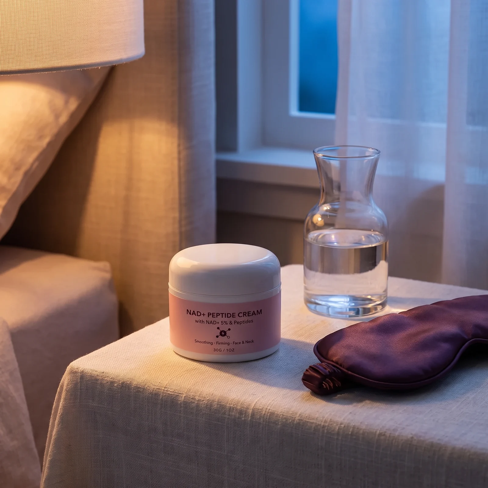 The jar on a bedside table at night beside a glass of water and reading glasses